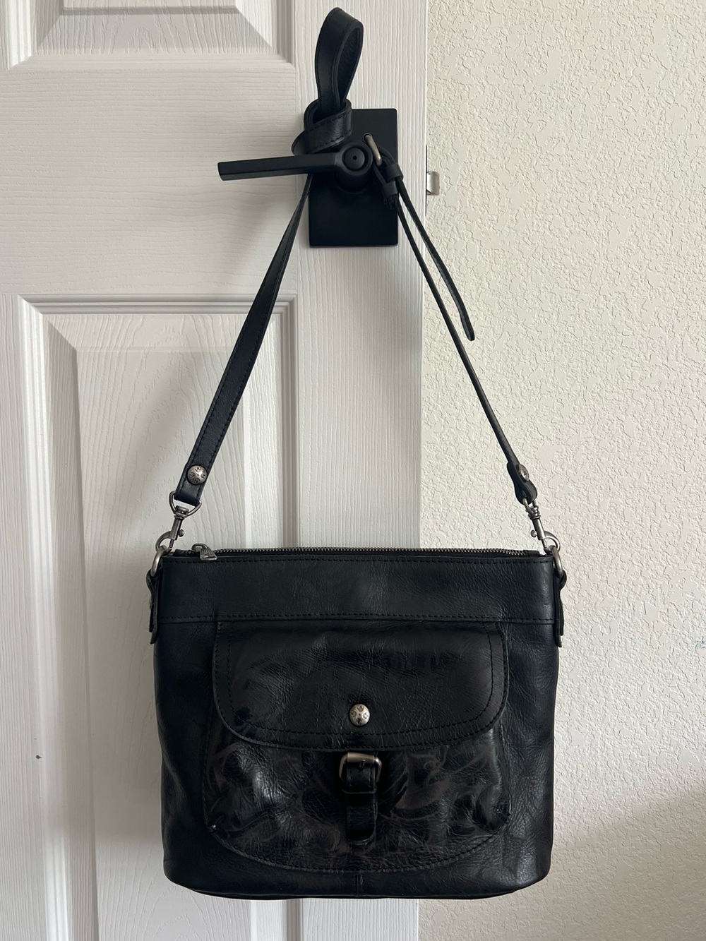 Patricia Nash Black Patterned Leather Crossbody Shoulder Bag